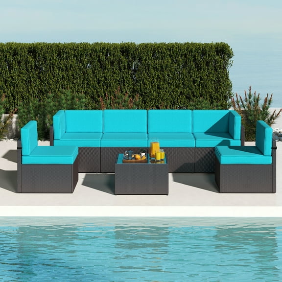 Kinbor 7PCS Patio Furniture Set Outdoor Sectional Sofa Lawn Conversation Sets Wicker Rattan Chair with Cushions, Turquoise
