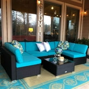 Kinbor 7PCs Outdoor Patio Furniture Sets PE Rattan Wicker Sofa Sectional Furniture Set with Tea Table, Turquoise