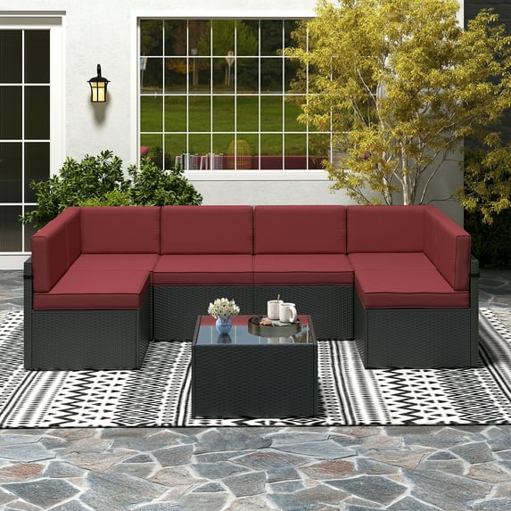 Kinbor 7Pcs Outdoor Furniture Patio Sectional Sets, Rattan Wicker Sofa for 6, Wine Red