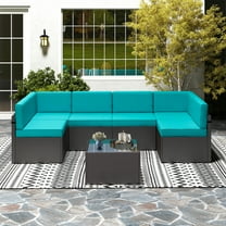 Kinbor 7Pcs Outdoor Furniture Patio Sectional Sets Rattan Wicker Sofa for 6 with Cushions, Turquoise