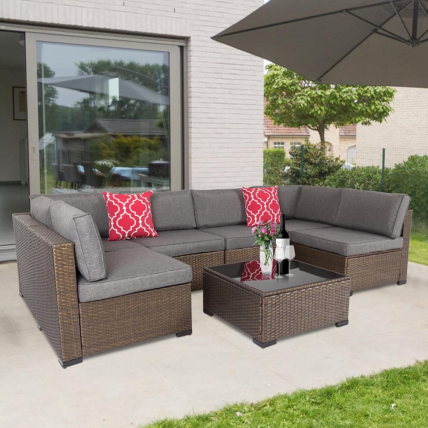 Kinbor Modern 7Pcs Outdoor Rattan Furniture Set, Wicker Sectional Sofa