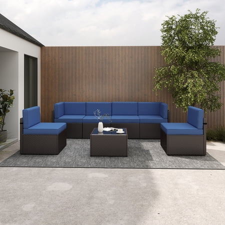 Kinbor 7Pcs Outdoor Furniture Set Wicker Sectional Sofa Patio Conversation Sofa Set Dark Blue Cushion