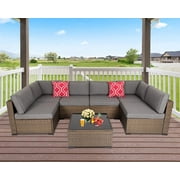 Kinbor 7Pcs Outdoor Furniture Set Wicker Sectional Sofa Patio Conversation Sofa Set Gray Cushions