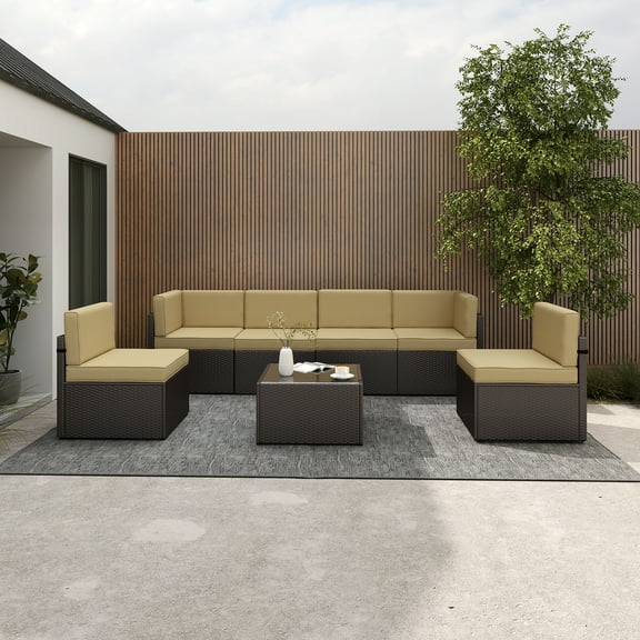 Kinbor 7Pcs Outdoor Furniture Set Wicker Sectional Sofa Patio Conversation Sofa Set Khaki Cushions
