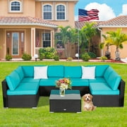 Kinbor 7Pcs Outdoor Furniture Set Wicker Sectional Sofa Patio Conversation Sofa Set Turquoise Cushions