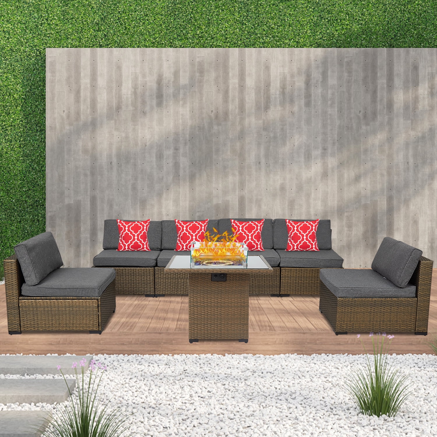 Kinbor 7Pcs Outdoor Furniture Set Wicker Sectional Sofa with Gas Fire