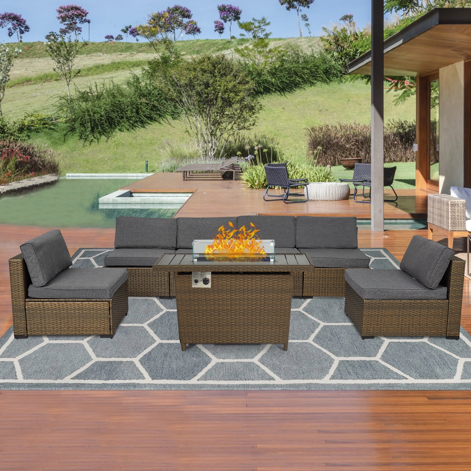 Kinbor 7Pcs Outdoor Furniture Set Wicker Sectional Sofa with Gas Fire