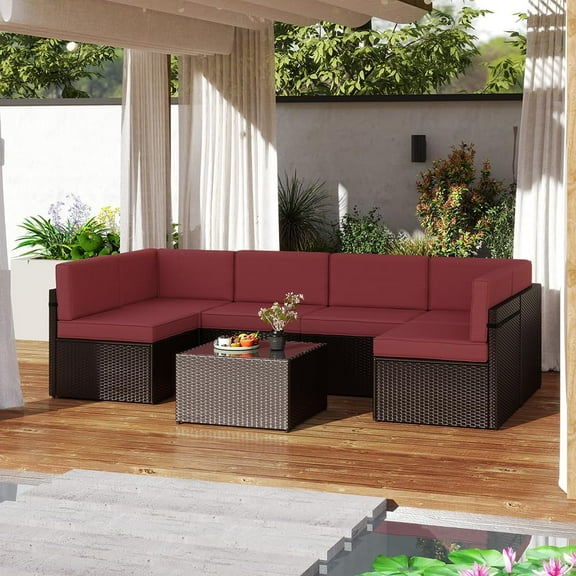 Kinbor 7Pcs Outdoor Patio Furniture PE Wicker Rattan Sectional Conversation Sofa Set, Burgundy