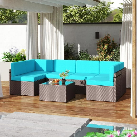 Kinbor 7Pcs Outdoor Patio Furniture PE Wicker Rattan Sectional Conversation Sofa Set, Turquoise