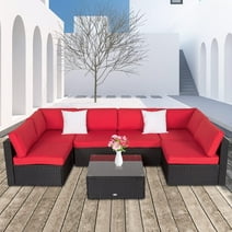 Kinbor 7Pcs Outdoor Patio Furniture Set, Rattan Wicker Sofa Set for 6 with Cushions, Red