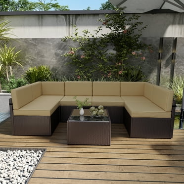 Kinbor 7Pcs Outdoor Patio Furniture Set Wicker Sectional Sofa for 6 with Cushions, Khaki