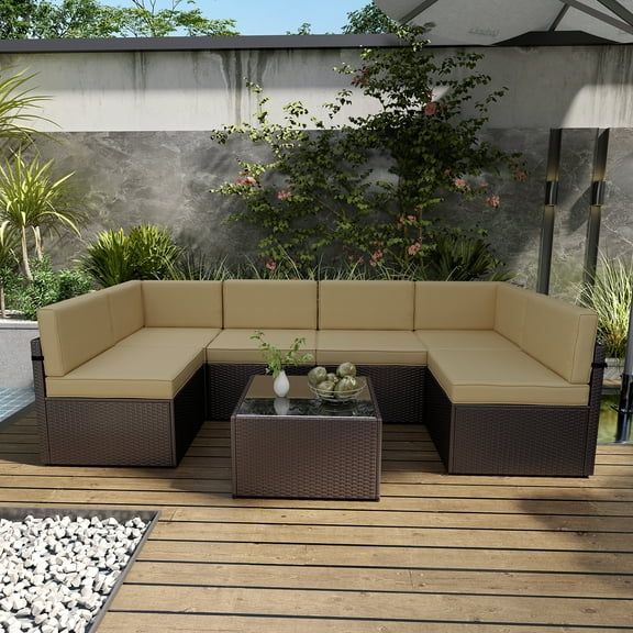Kinbor 7Pcs Outdoor Patio Furniture Set Wicker Sectional Sofa for 6 with Cushions, Khaki