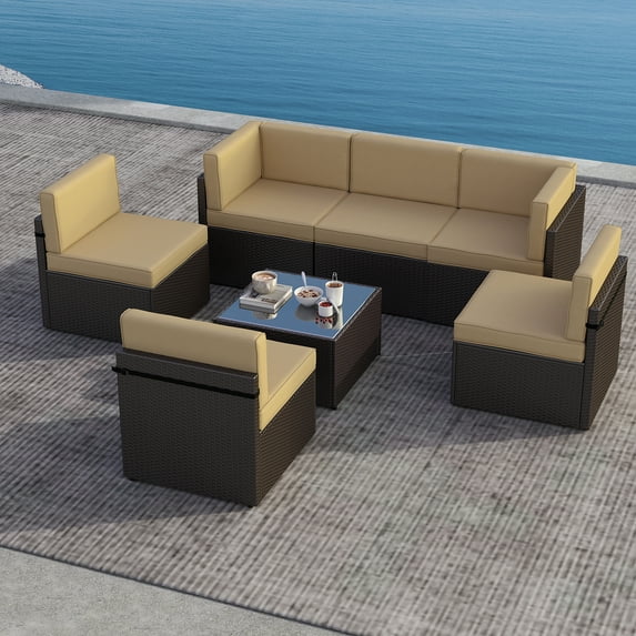Kinbor 7Pcs Outdoor Patio Furniture Sets PE Wicker Rattan Sectional Sofa Set with Khaki Cushions