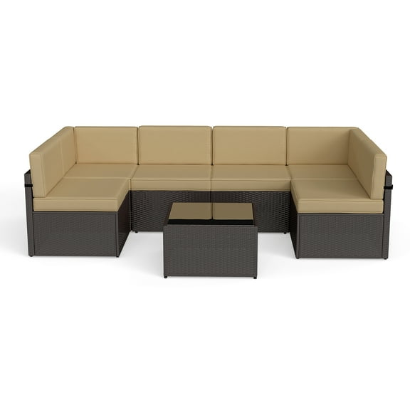 Kinbor 7Pcs Outdoor Patio Furniture Sets PE Wicker Rattan Sectional Sofa Set with Washable Couch Cushions, Khaki