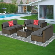 Kinbor 7Pcs Outdoor Patio PE Rattan Wicker Sofa Sectional Furniture Set with Cushion, Gray