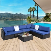 Kinbor 7Pcs Patio Furniture Set Wicker Sectional Sofa Set for 6 with Cushions, Dark Blue