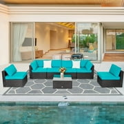 Kinbor 7pcs Outdoor Patio Furniture Pe Rattan Wicker Rattan Sofa Sectional Set with Blue Cushions