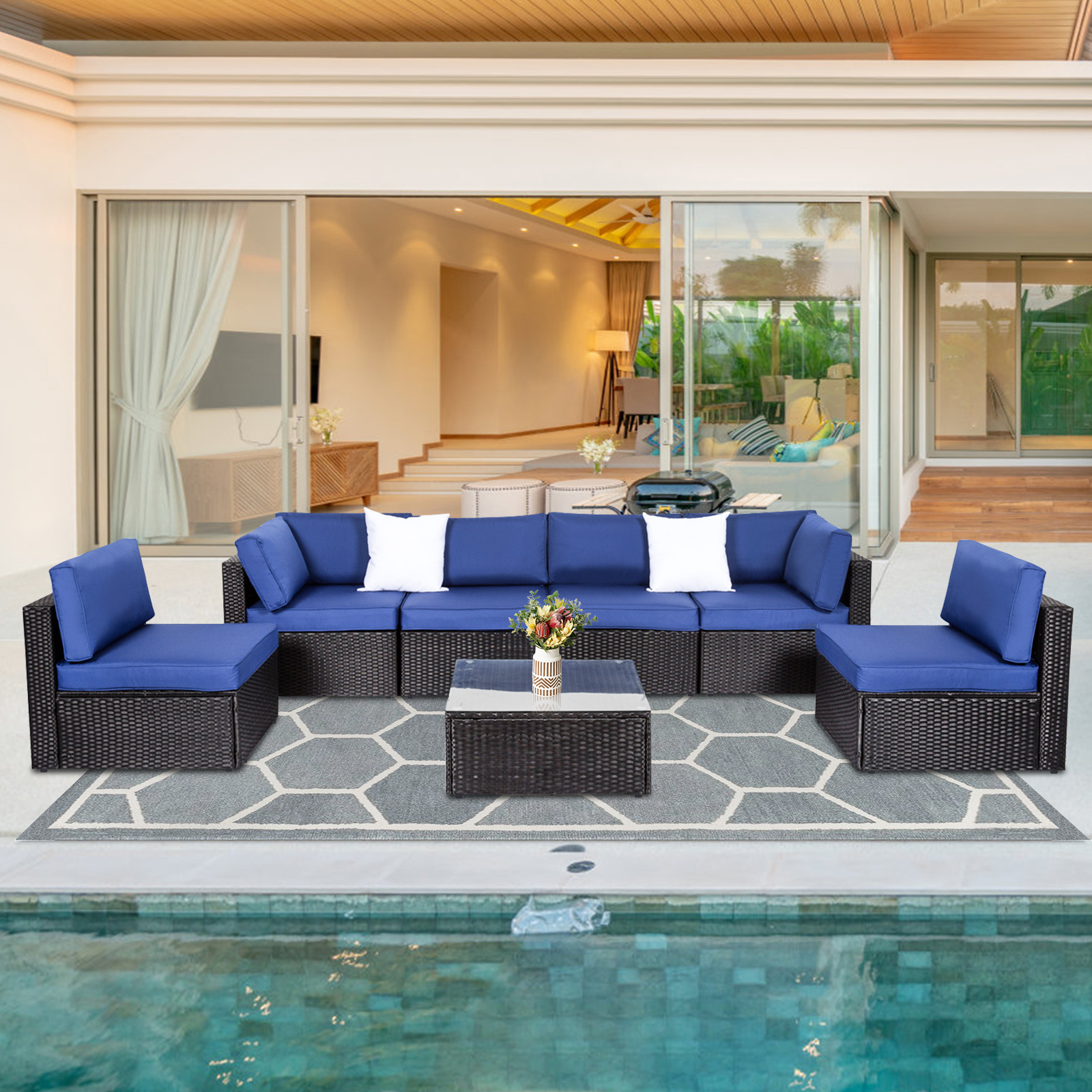 Kinbor 7pcs Outdoor Patio Furniture Pe Rattan Wicker Rattan Sofa