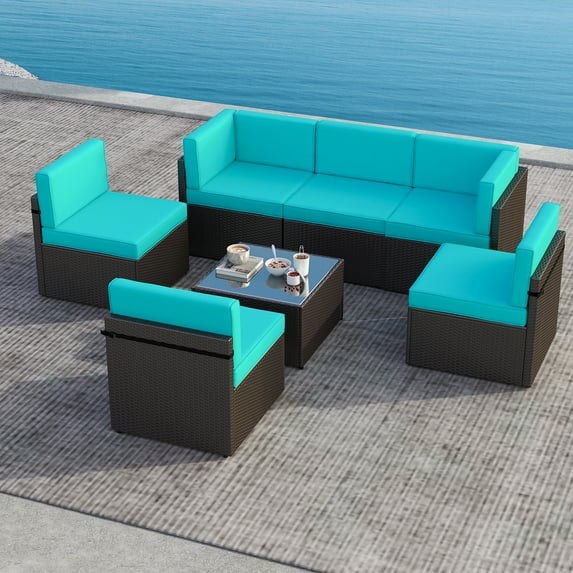 Kinbor 7pcs Outdoor Patio Furniture Pe Wicker Rattan Sofa Sectional Set with Blue Cushions