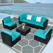 Kinbor 7pcs Outdoor Patio Furniture Pe Wicker Rattan Sofa Sectional Set with Blue Cushions