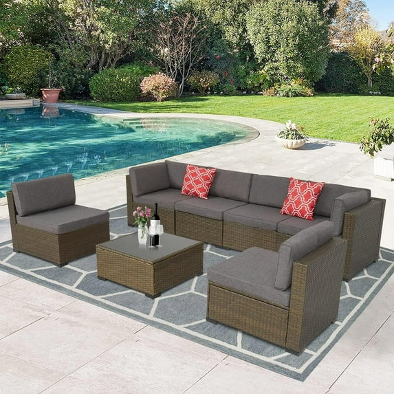 Kinbor 7pcs Outdoor Patio Furniture Sectional PE Wicker Rattan Sofa Set, Gray