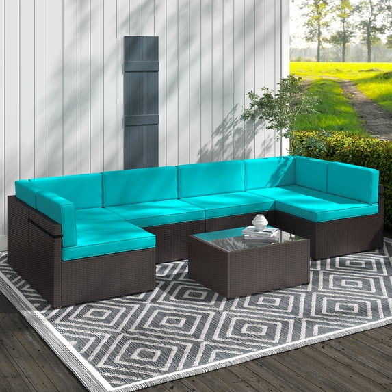 Kinbor 7pcs Outdoor Patio Furniture Sectional Pe Rattan Wicker Rattan Sofa Set with Blue Cushions