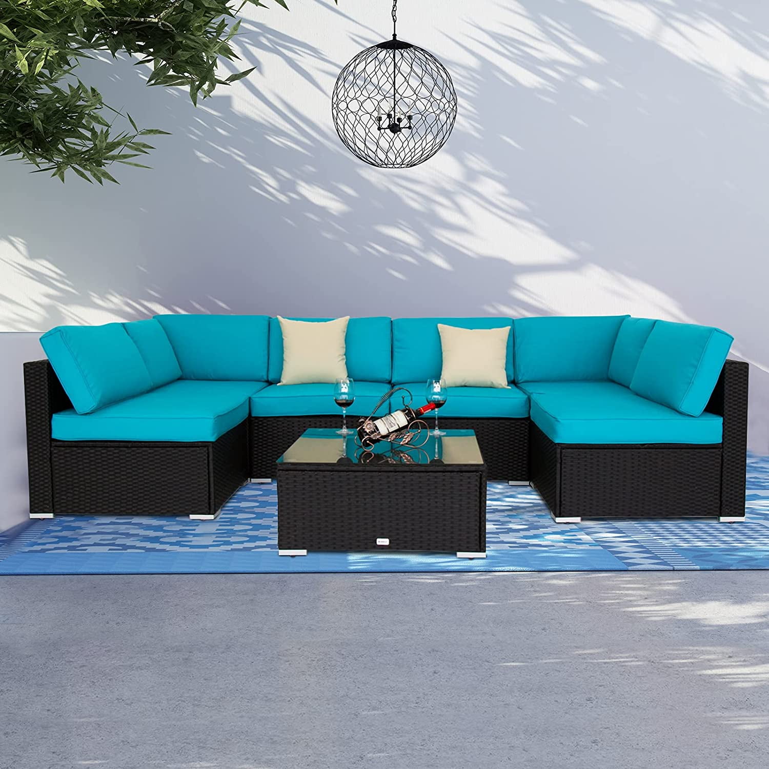 Kinbor 7pcs outdoor patio furniture sectional pe rattan wicker rattan sofa set with aqua cushions hotsell