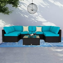 Kinbor 7pcs Outdoor Patio Furniture Sectional Pe Rattan Wicker Rattan Sofa Set with Blue Cushions