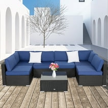Kinbor 7pcs Outdoor Patio Furniture Sectional Pe Rattan Wicker Rattan Sofa Set with Cushions, Dark Blue