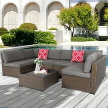 Kinbor 7pcs Outdoor Patio Furniture Set Pe Wicker Rattan Sofa Set Conversation Chair Sofa Gray