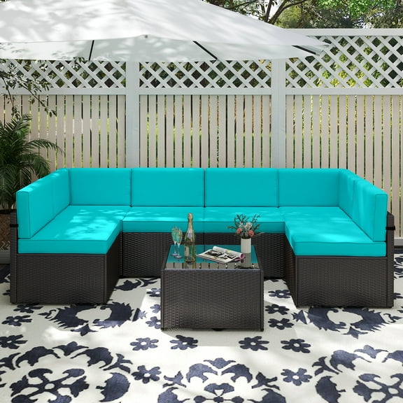 Kinbor 7pcs Outdoor Patio Furniture Set Wicker Sectional Sofa Conversation Chair Sofa Set with Cushions, Turquoise