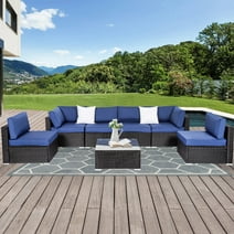 Kinbor 7pcs Outdoor Patio Furniture Set Wicker Sectional Sofa with Cushions, Dark Blue