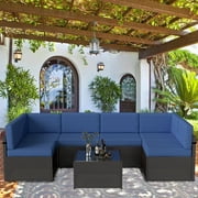 Kinbor 7pcs Outdoor Patio Furniture Set Wicker Sectional Sofa with Cushions, Dark Blue