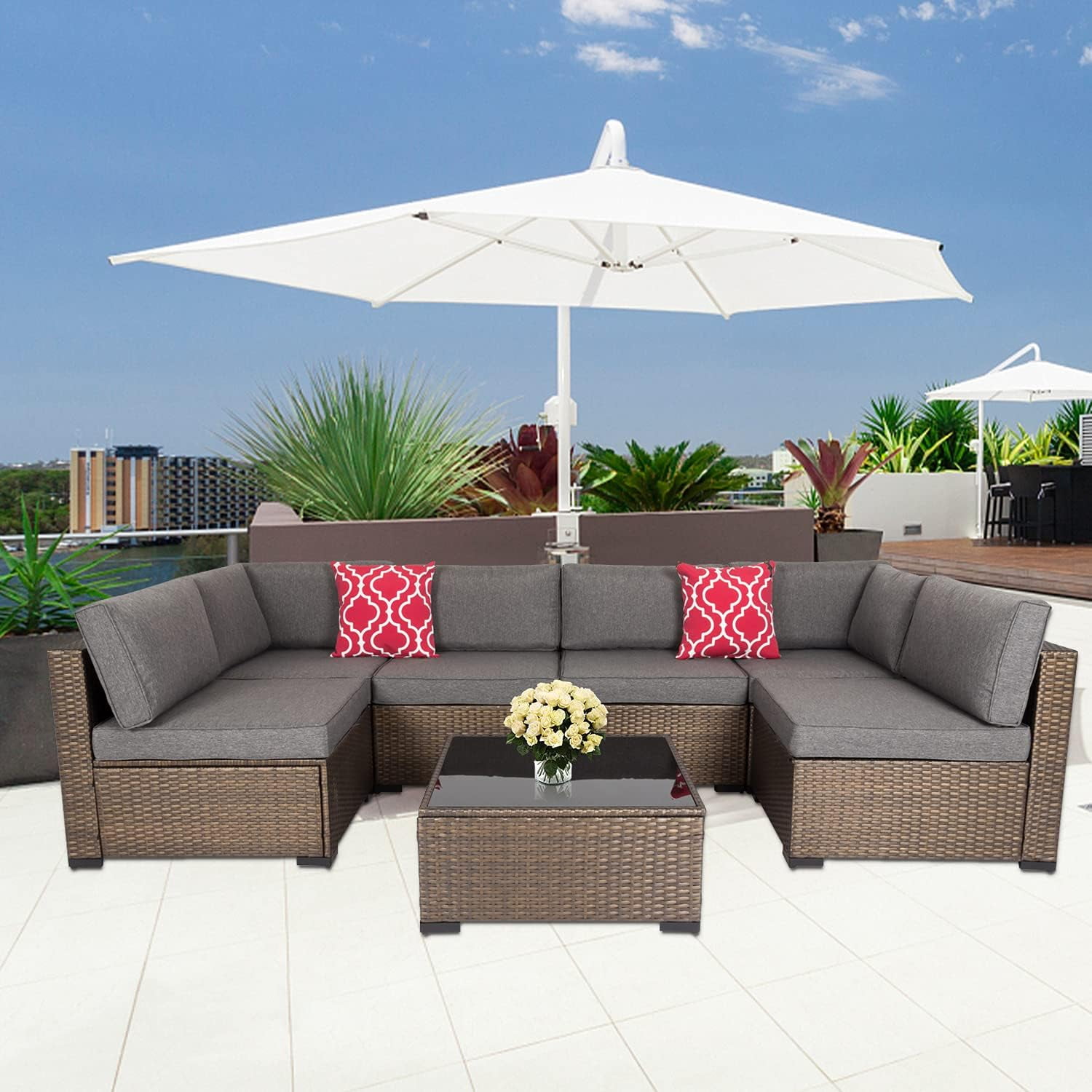 Kinbor 7pcs Outdoor Patio Furniture Set Wicker Sectional Sofa with