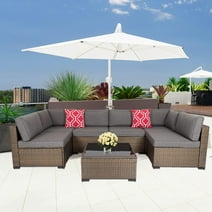 Kinbor 7pcs Outdoor Patio Furniture Set Wicker Sectional Sofa with Cushions, Gray