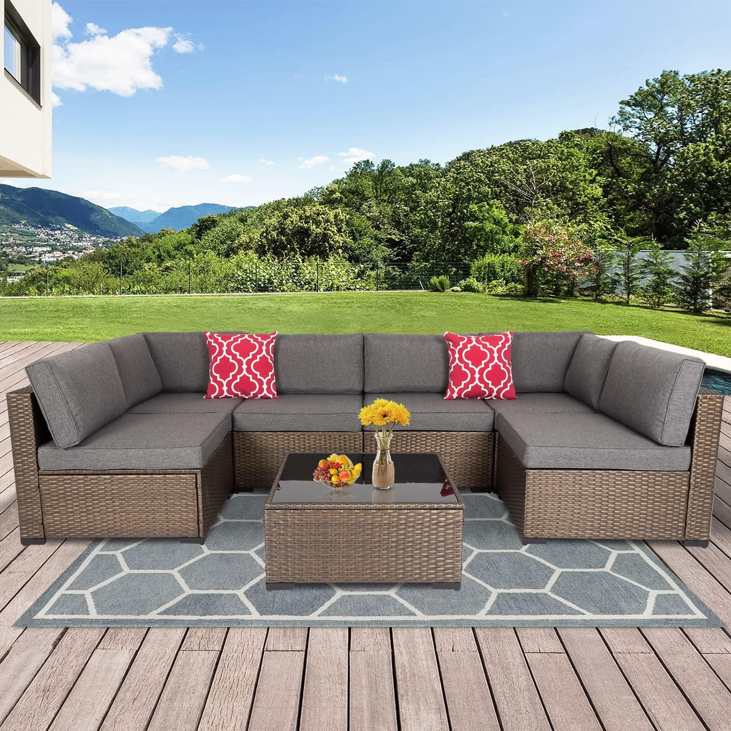 Kinbor 7pcs Outdoor Patio Furniture Set Wicker Sectional Sofa with Cushions Gray