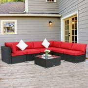 Kinbor 7pcs Outdoor Patio Rattan Wicker Furniture Sectional Sofa Set for 6 with Red Cushions