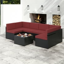 Kinbor 7pcs Outdoor Patio Rattan Wicker Furniture Sectional Sofa Set for 6 with Wine Red Cushions
