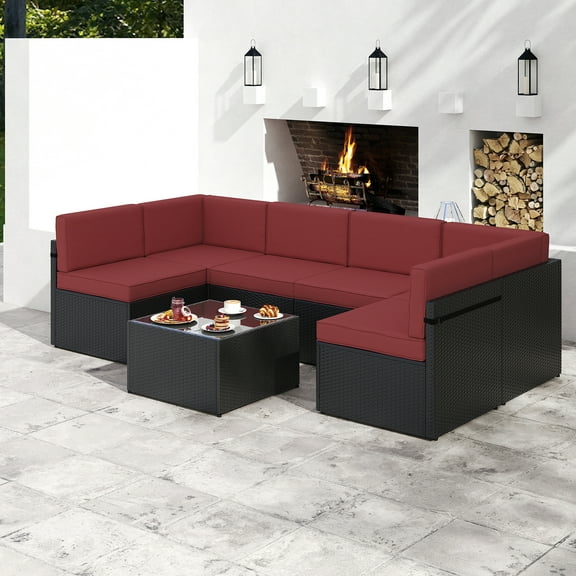 Kinbor 7pcs Outdoor Patio Rattan Wicker Furniture Sectional Sofa Set for 6 with Wine Red Cushions