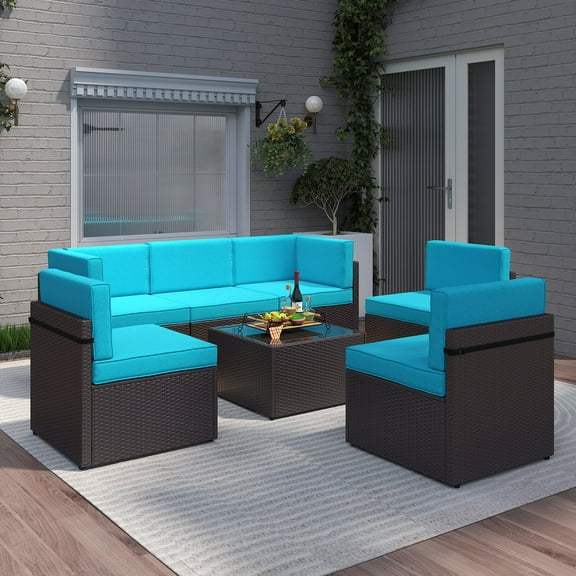 Kinbor 7pcs Outdoor Patio Rattan Wicker Furniture Sectional Sofa Set with Blue Cushions