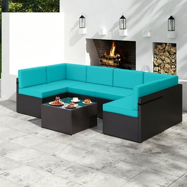 Kinbor 7pcs Outdoor Patio Rattan Wicker Furniture Sectional Sofa Set with Blue Cushions