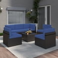 thumbnail image 1 of Kinbor 7pcs Outdoor Patio Rattan Wicker Furniture Sectional Sofa Set with Dark Blue Cushions, 1 of 9