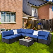 Kinbor 7pcs Outdoor Patio Sectional Set Rattan Wicker Sectional Sofa for 6 with Dark Blue Cushions