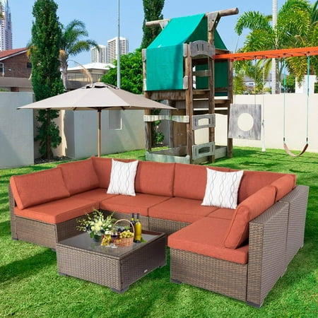 Kinbor 7pcs Outdoor Wicker Rattan Patio Furniture Sectional Sofa Set, Maple Red