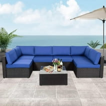 Kinbor 7pcs Patio Conversation Set Outdoor Patio Furniture Set Wicker Outdoor Sectional Sofa with Cushions, Dark Blue