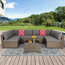 Kinbor 7pcs Patio Conversation Set Outdoor Patio Furniture Set Wicker Outdoor Sectional Sofa with Cushions, Gray