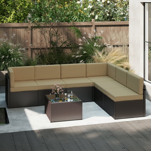 Kinbor 7pcs Patio Conversation Set Outdoor Patio Furniture Set Wicker Outdoor Sectional Sofa with Cushions, Khaki