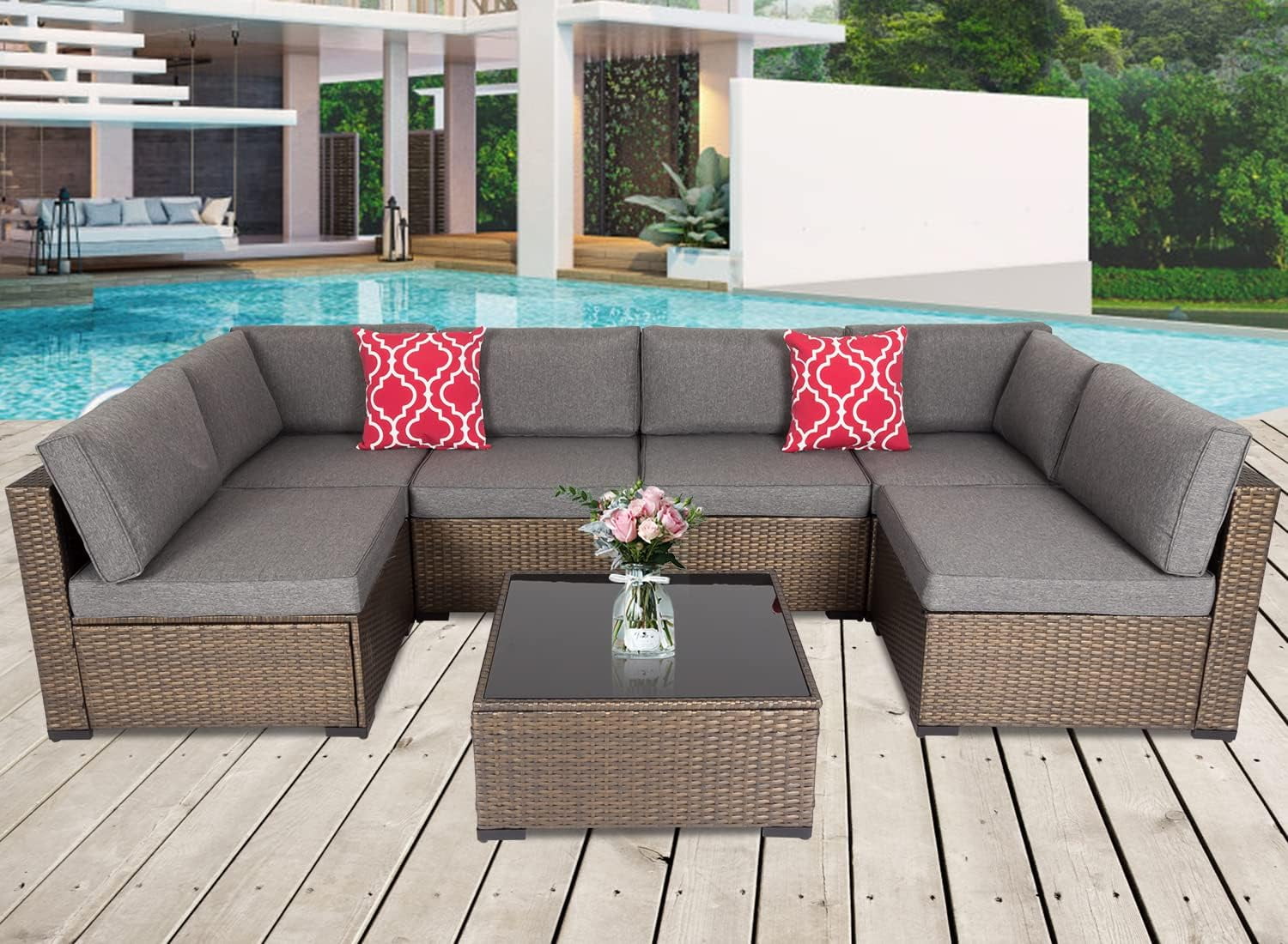 Kinbor 7pcs Patio Outdoor Furniture Sets Rattan Sectional Furniture