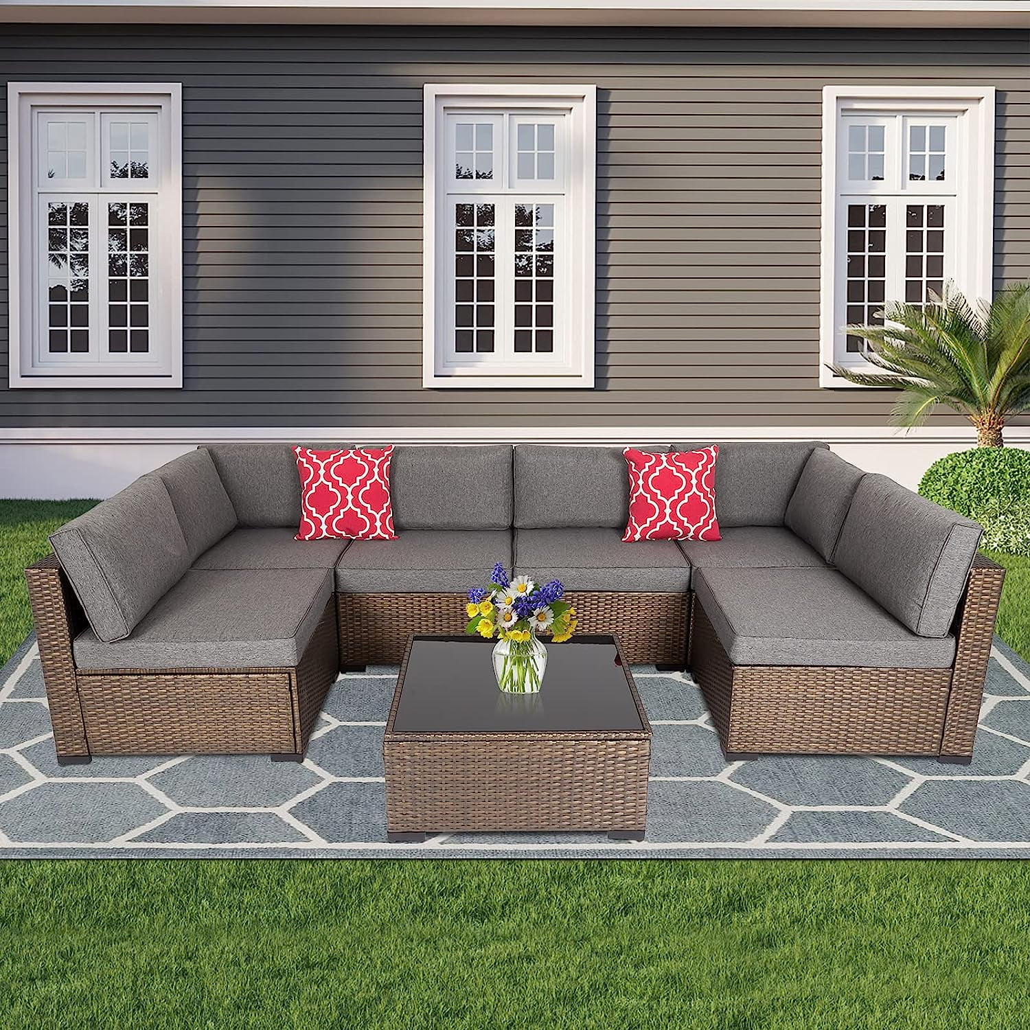 Kinbor 7pcs Patio Rattan Wicker Rattan Outdoor Sectional Sofa Set