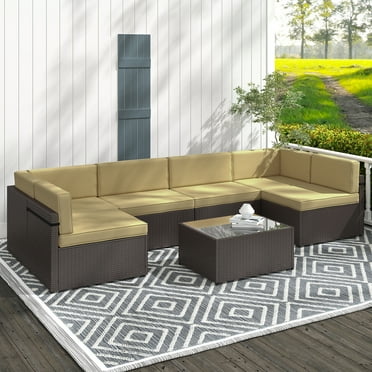 Kinbor 7pcs Patio Rattan Wicker Rattan Outdoor Sectional Sofa Set with Khaki Cushions